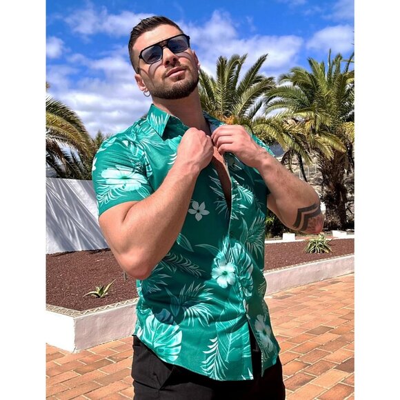 Tropical Green Hawaiian Shirt Men's Floral Print Short Sleeve Summer Beach Wear - Picture 4 of 6
